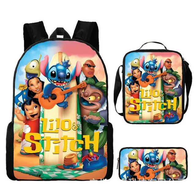 Set pentru copii cu 3 piese școlare cu motivele personajelor animate preferate Lilo și Stitch Rucsac / Geantă peste umăr / Penar