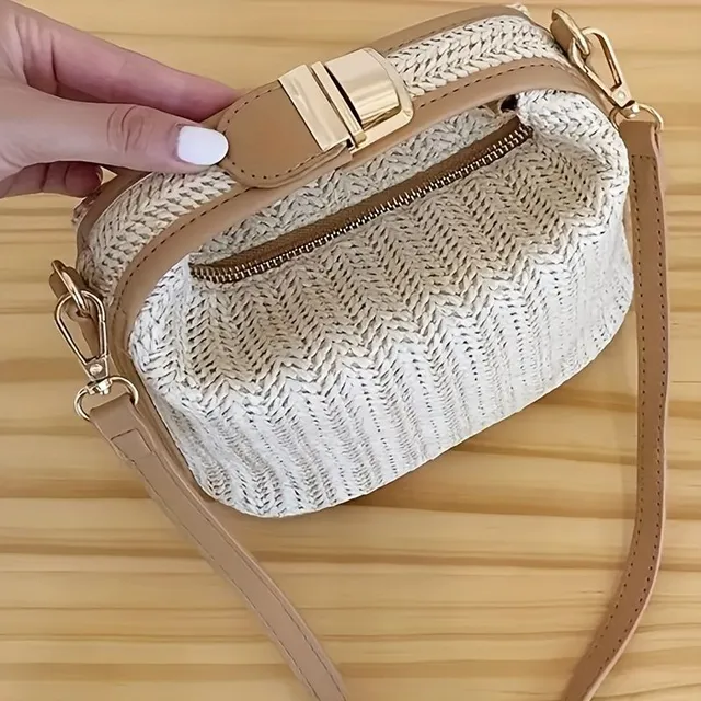 Knitted crossbody handbag for travel and beach holidays - fashionable straw purse with adjustable strap