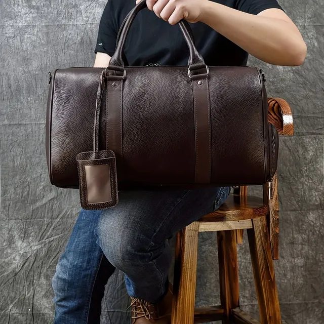 Spacious travel bag made of beef leather for short trips with a shoe compartment, men's and women's