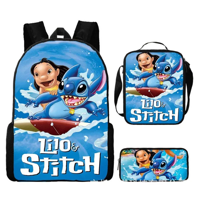 Set pentru copii cu 3 piese școlare cu motivele personajelor animate preferate Lilo și Stitch Rucsac / Geantă peste umăr / Penar