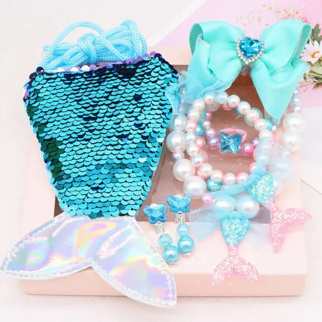 Little girl's slippery purse shaped like a mermaid and pearl accessories