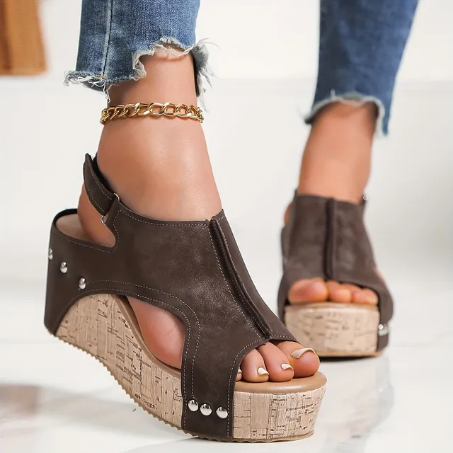 Damskie sandały na koturnie na drewnianej platformie - Skrzyżowany fason peep-toe