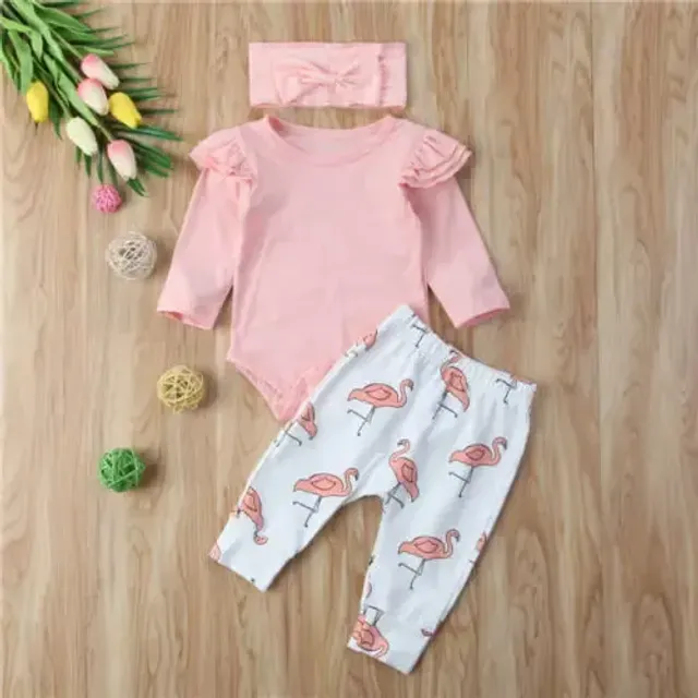 Detský kombinéza s krátkymi rukávmi a dlhými nohavicami s flamingom a čelenou