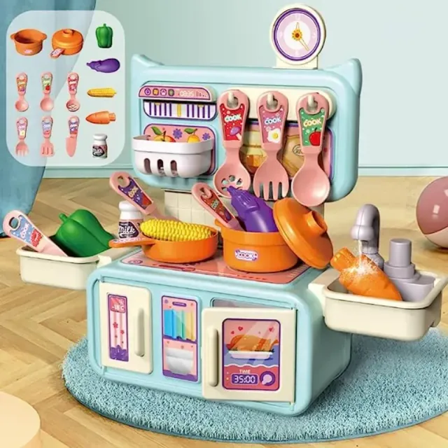 Set de jucărie pentru bucătărie acasă pentru copii - Veselie, mâncare, legume și fructe