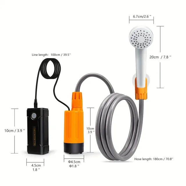 Portable shower pump with removable USB rechargeable batteries, portable outdoor shower head - pumps water from bucket to steady position, suitable for camping, traveling