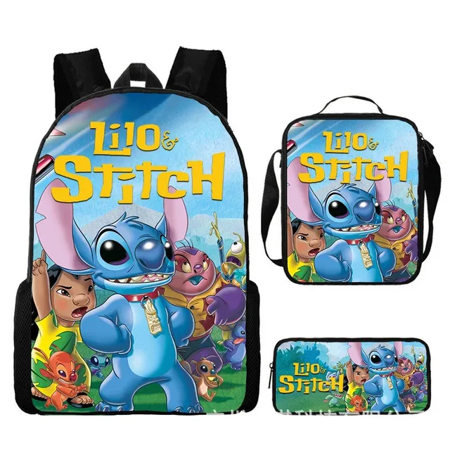 Set pentru copii cu 3 piese școlare cu motivele personajelor animate preferate Lilo și Stitch Rucsac / Geantă peste umăr / Penar