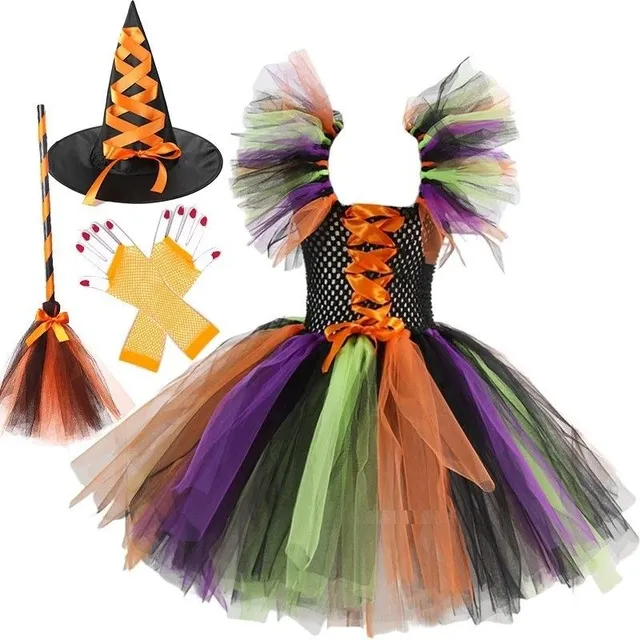 Costum de vrăjitoare pentru fete cu pălărie și accesorii - Costum de Halloween, Costum de vrăjitoare pentru fete, Costum de carnaval