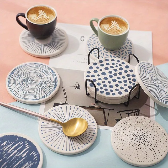 6 ceramic coasters with retro pattern and stand, anti-slip and thermal insulation
