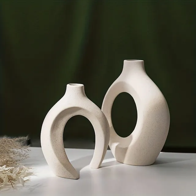 Set / 2 pcs Set of white ceramic vases, modern apartment decoration, round matte flower vases in the style of boho, minimalist Nordic style for weddings, dining tables, parties, office, living room and bedroom, decoration to apartment, room decoration, de