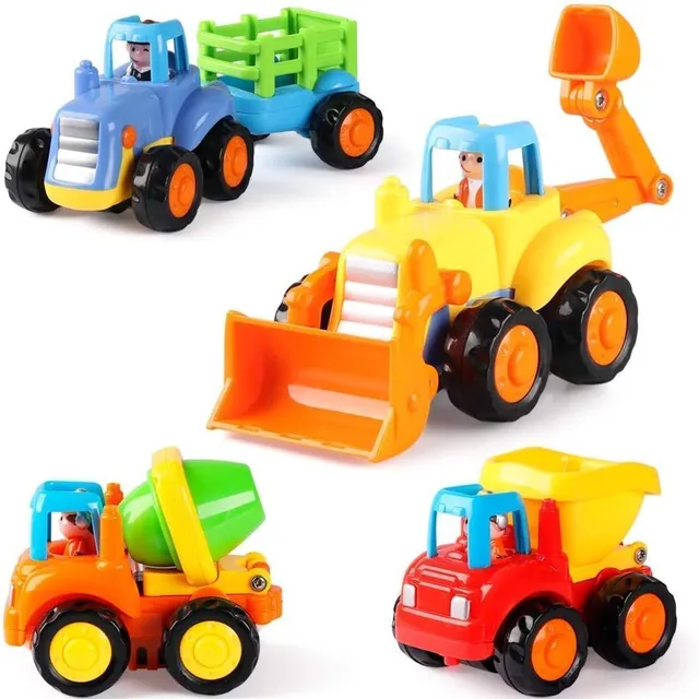 4 Pack Fiction Powered Cars Construction Vehicles Toy Set Cartoon Push and Go Car Tractor, Bulldozer, Cement Mixer Truck, Dumper