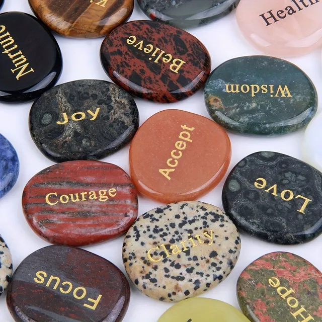 Natural engraved inspirational words Trouble Stone, Natural mixed color stone, (25pcs/set with different English words), Ideal choice for gifts