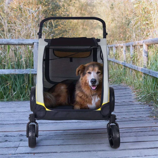 Carrito plegable de cuatro ruedas para dos perros con divisor extraíble