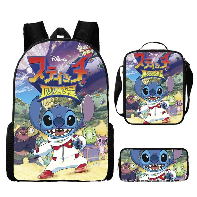 Set pentru copii cu 3 piese școlare cu motivele personajelor animate preferate Lilo și Stitch Rucsac / Geantă peste umăr / Penar