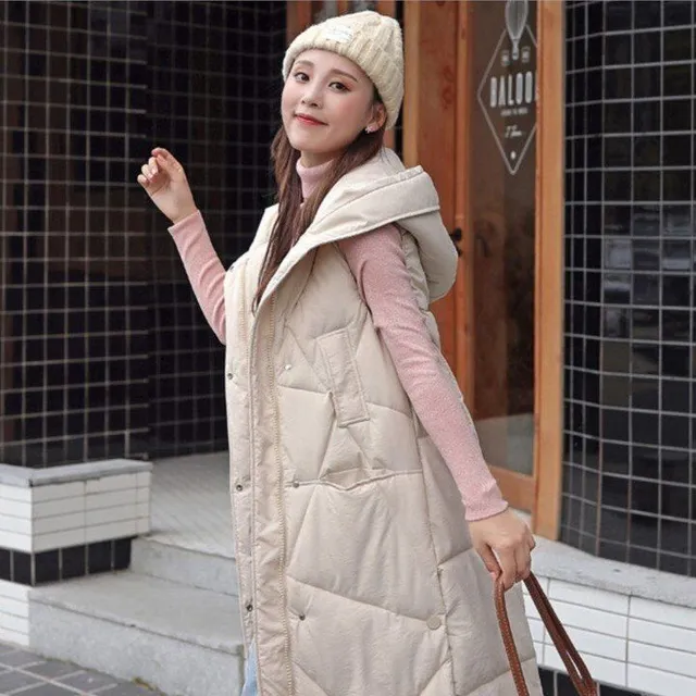 Women's long modern quilted vest with hood