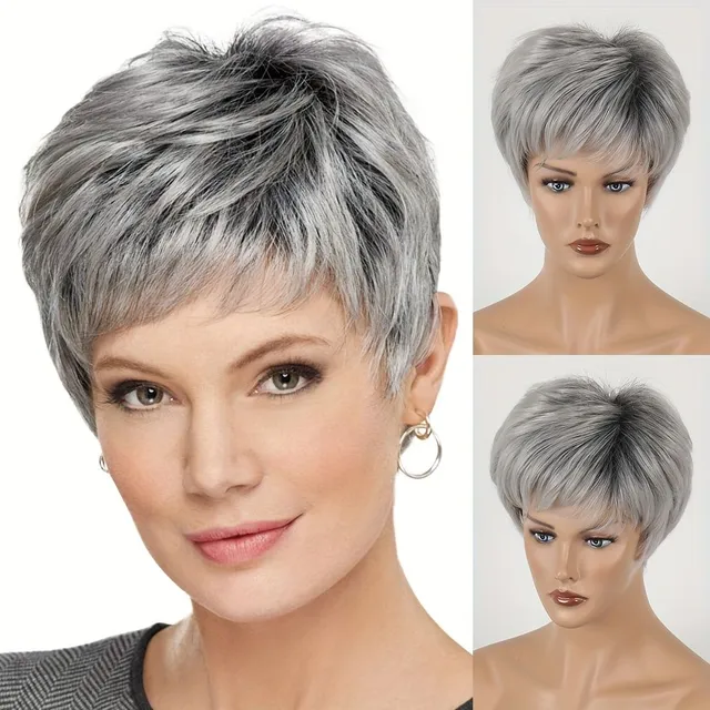 Short wig for women - natural synthetic hair with asymmetrical bangs