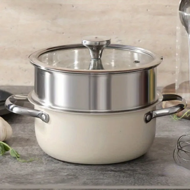 Stainless steel steam pot with soup pot, thick hollow heat resistant handle and lid - Korean style