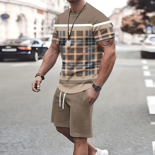 Men's Completely Casual Summer 2-Share Set - T-shirt with Short Sleeve and Single Color Download Shorts with Pockets