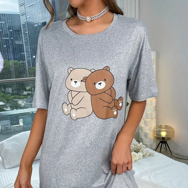 Nightgown with bear print in cartoon, comfortable shorts with short sleeve and round neckline