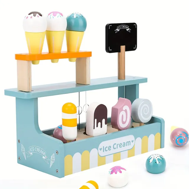 Wooden ice cream set for children: counter, hills, ice cream and accessories