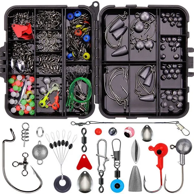 Complete fishing set 251 pcs with everything needed: Lead weights, Jig hooks, silicone balls, vertebrae and carabiners