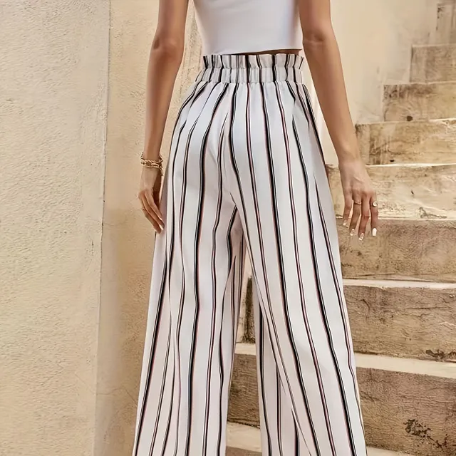 Lazy trousers with high waist, wide pants and stripes, with cord in the waist