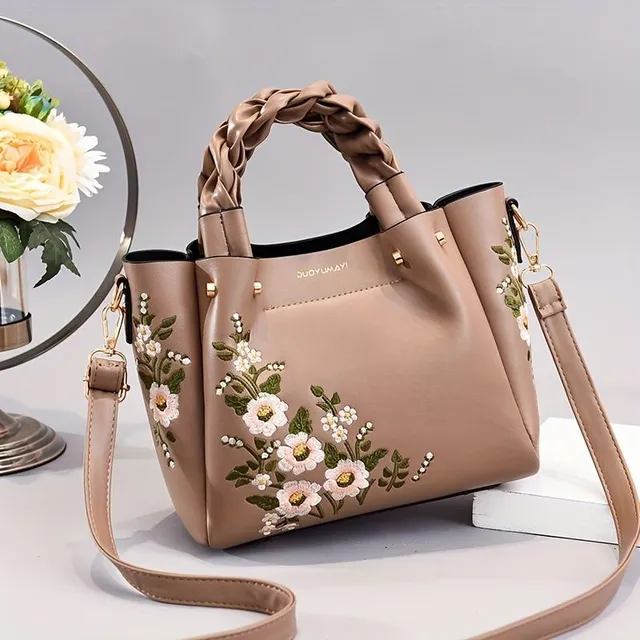 Elegant bag with floral embroidery and removable strap