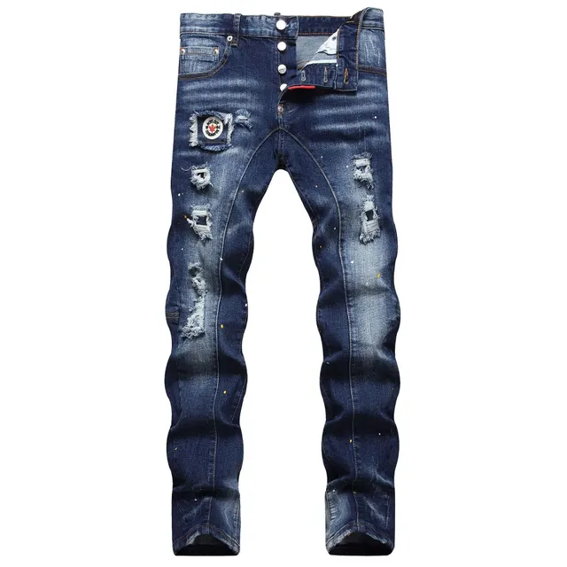 Men's blue skinny jeans with holes in Italian style - high quality men's slim fit jeans