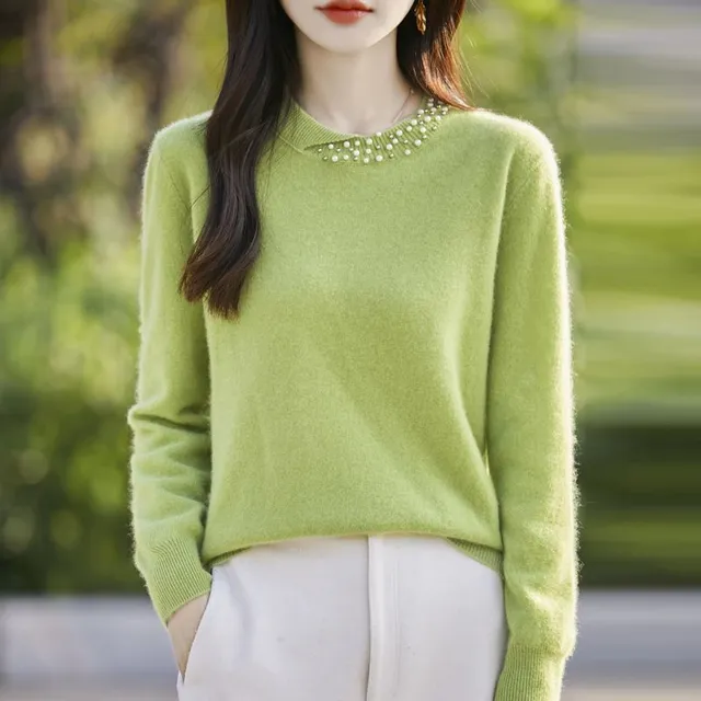 Elegant beaded lady knitted top with long sleeve and round neckline made of soft viscose blend for autumn and winter