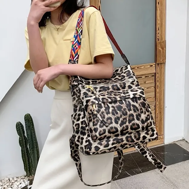 Rucsac-geantă pentru femei 2 în 1 cu model leopard, ideal pentru călătorii și școală