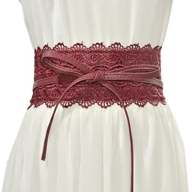 Ladies lace belt with bow wine-red
