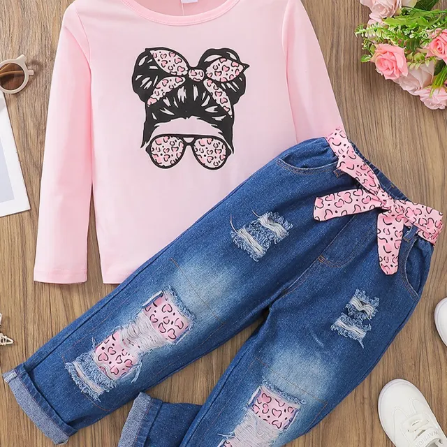 3-piece set for girls - Long Sleeve with printing + Torn jeans with belt