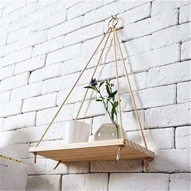 Wooden rope swing wall shelf