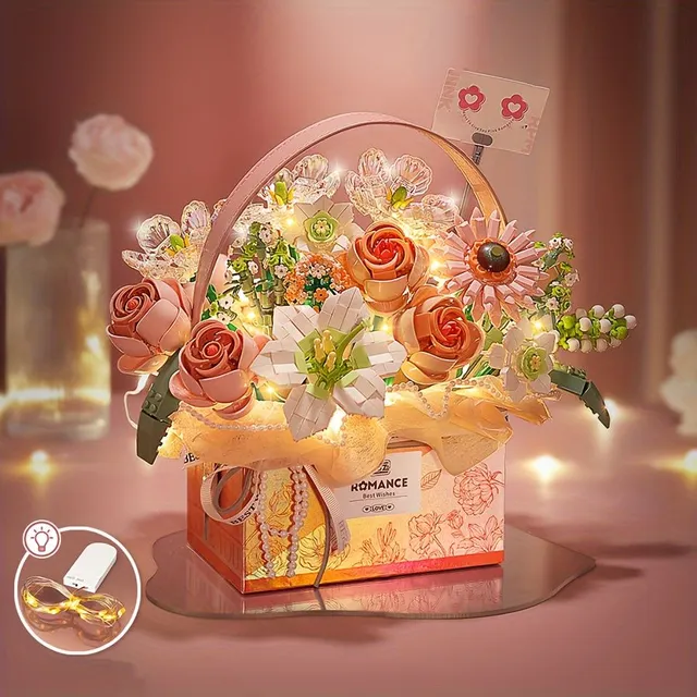 Set de construcție Bonsai cu buchet de flori și trandafiri, coș cadou romantic cu lanț luminos LED