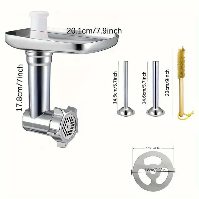 Metal meat grinder for kitchen robot, sausage production, silver (without robot)