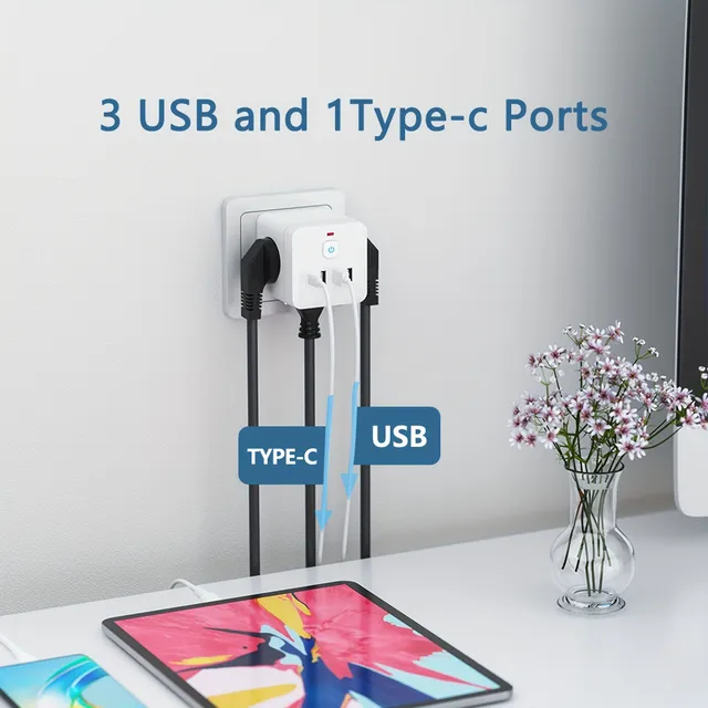 7v1 EU Power bar with overvoltage protection, 3x socket + 3x USB + 1x USB-C, charging station with overload protection