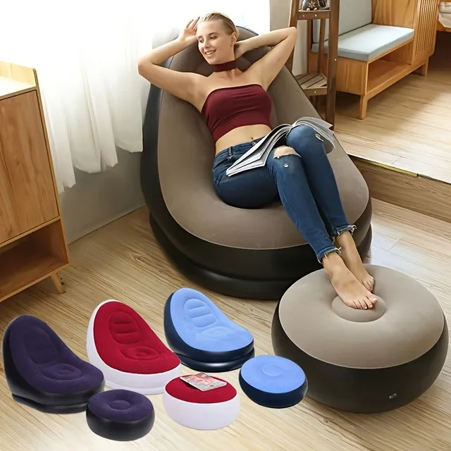 Prenosná lenivá nafukovacia stolička s čerpadlom na nohy, farebný obal boxu, moderný domáci/vonkajší ležadielko