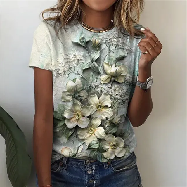Dámske tričko s krátkym rukávom s potlačou rastlín a kvetov, výstrihom do O a voľným strihom