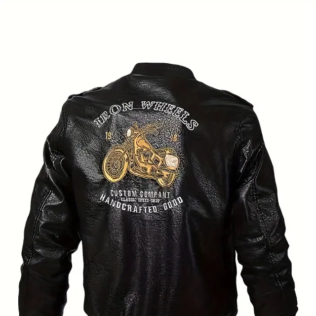 Pánska kožená bunda s výšivkou v ležérnom štýle, elegantný vintage motocyklový štýl