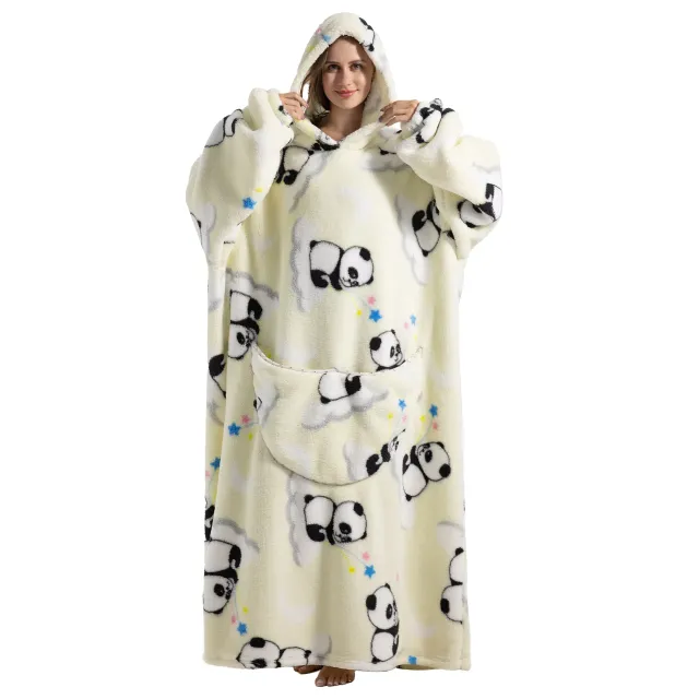 Wearable blanket with hood of stuffed animal and sherpa fleece for adults