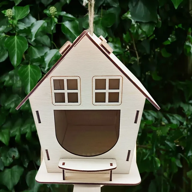 Bird feeder made of wood with a bed and a tray, suitable for outdoor garden