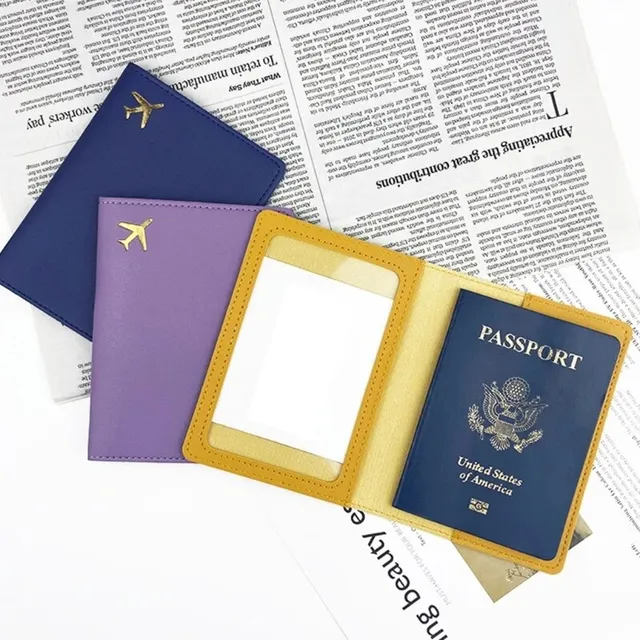 Fashion travel cover for PU leather passport with engraving of aircraft motive - passport protection and credit cards