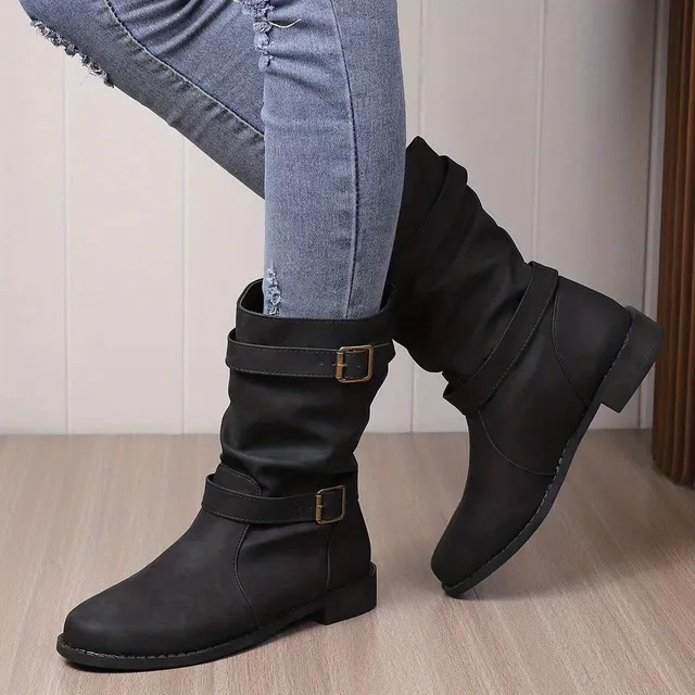 Women's retro western ankle boots without heel with wrapped buckle, necklace