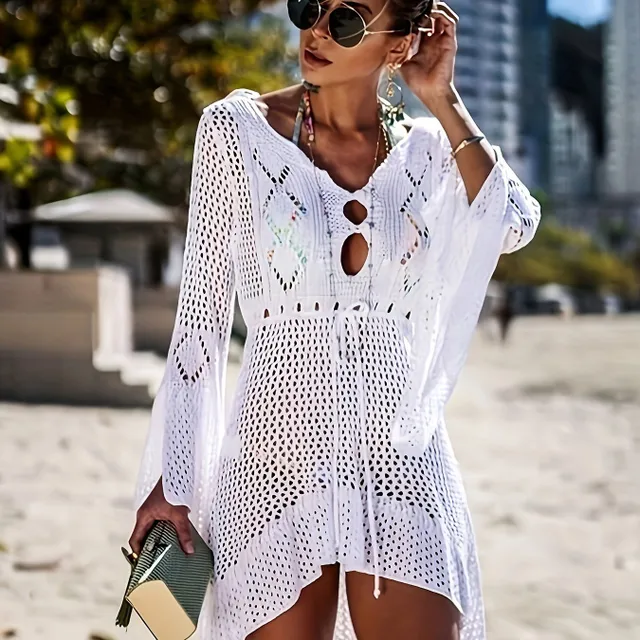 Knitted beach dress with V neckline and long sleeves