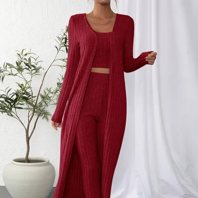 Women's 3-piece ribbed set: shortened top, cardigan with long sleeve and trousers with high waist