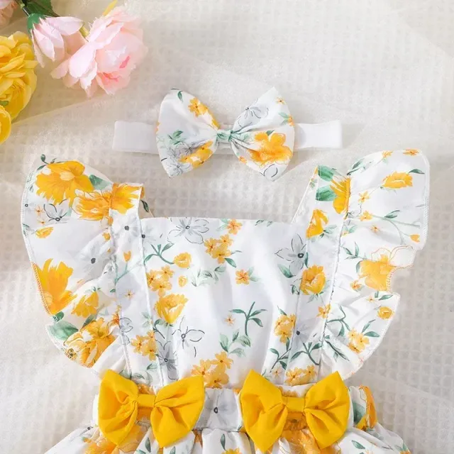 Baby dress for newborns with butterfly sleeves and yellow flower pattern