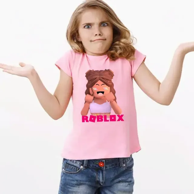 Girl's Pink Top with Short Sleeve and Printing Characters from Popular Roblox Game