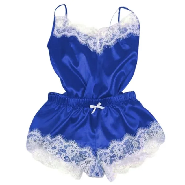 Ladies satin lace pajama set s blue-691