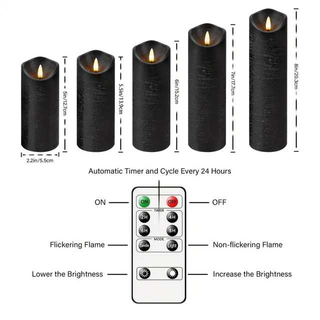 Set of 5 Flameless Candles From True Wax Flicker, Christmas Home Decoration Halloween, (H5,59 Cm X Height 12.7 Cm 5,12.7 Cm 15,24 Cm 17,78 Cm 20,32 Cm), With Remote Control and Timer, Candle From Right Wax LED (black)
