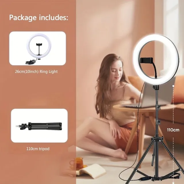 Round LED light with handle, stand and phone holder for vlogging, photo, selfie, video calls, makeup and live streaming