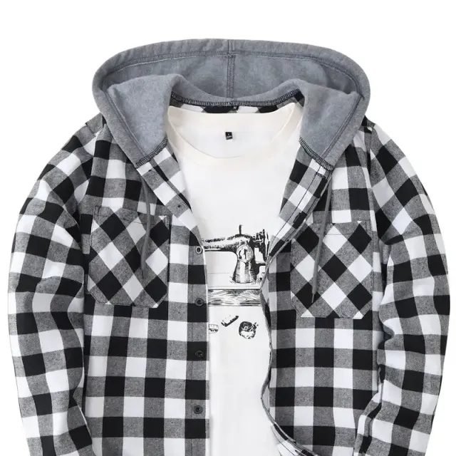 Men's plaid shirt jacket with long sleeves, hood and button closure - Regular fit